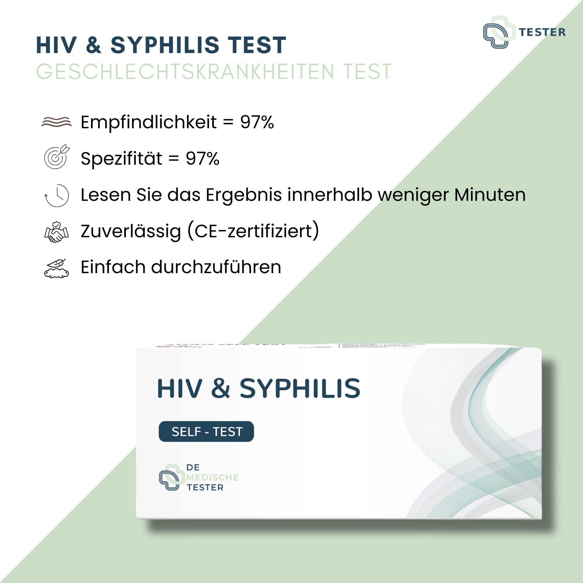 Confezione test HIV e sifilide. Scatola bianca con testo blu. Testo: Sensibilità 97%, Specificità 97%, certificato CE. Logo "DE MEDISCHE TESTER".