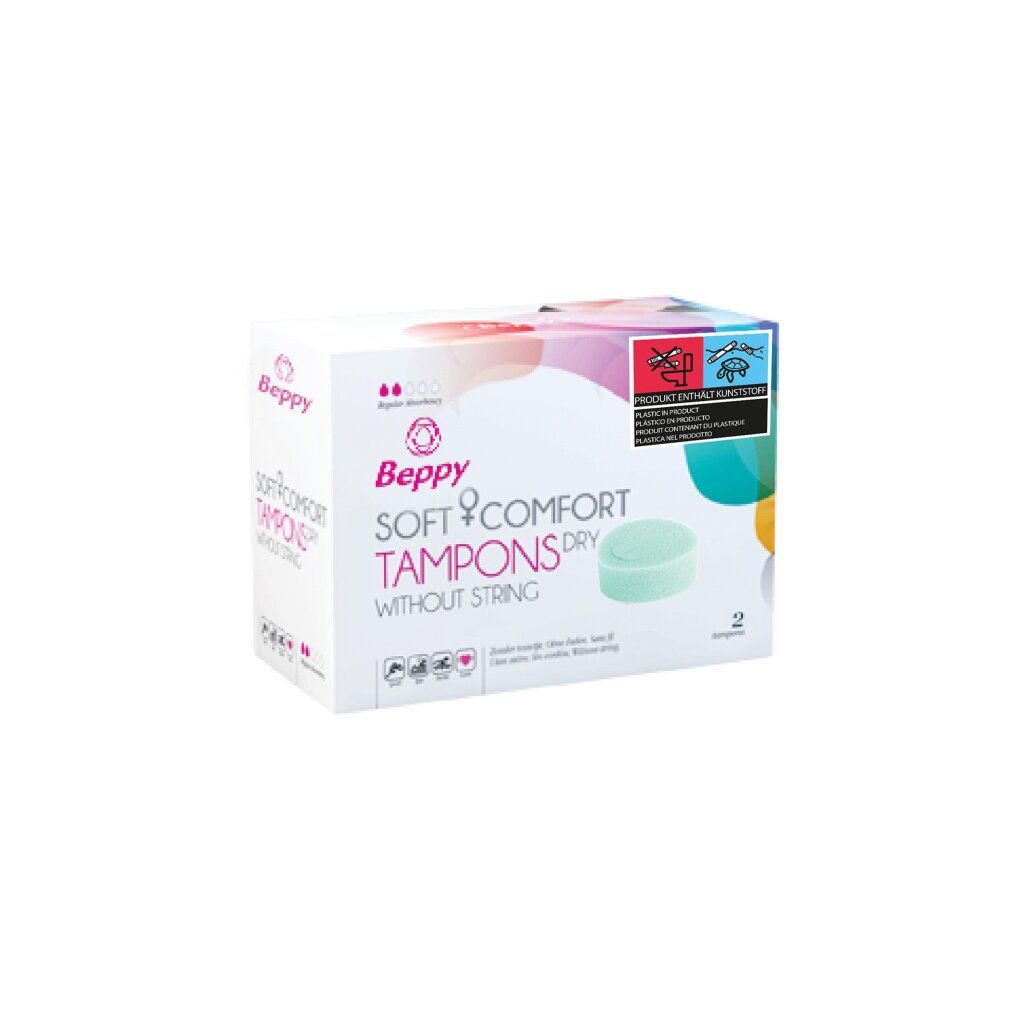 Scatola di tamponi. Scritta: Beppy Soft-Comfort Tampons Dry without string. 2 pezzi. Design verde-rosa.