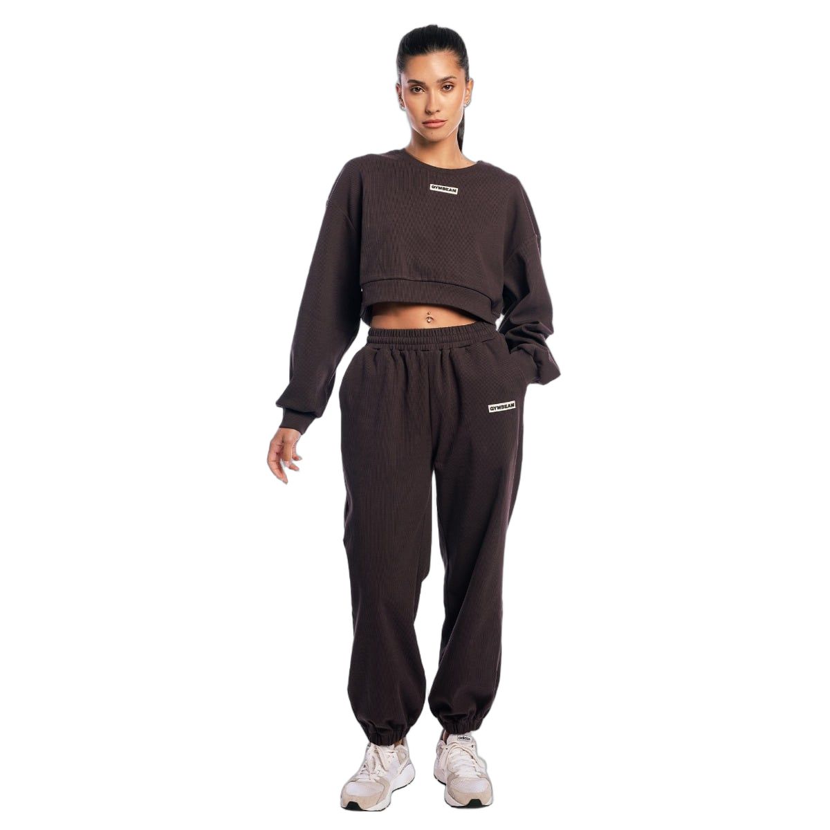 GymBeam Felpa donna cropped Aura marrone senza cappuccio a maniche lunghe