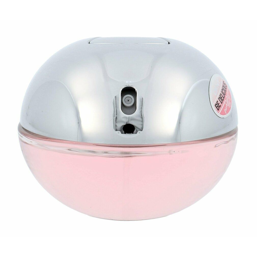 Flacone rotondo con tappo argentato e liquido rosa. Erogatore visibile.