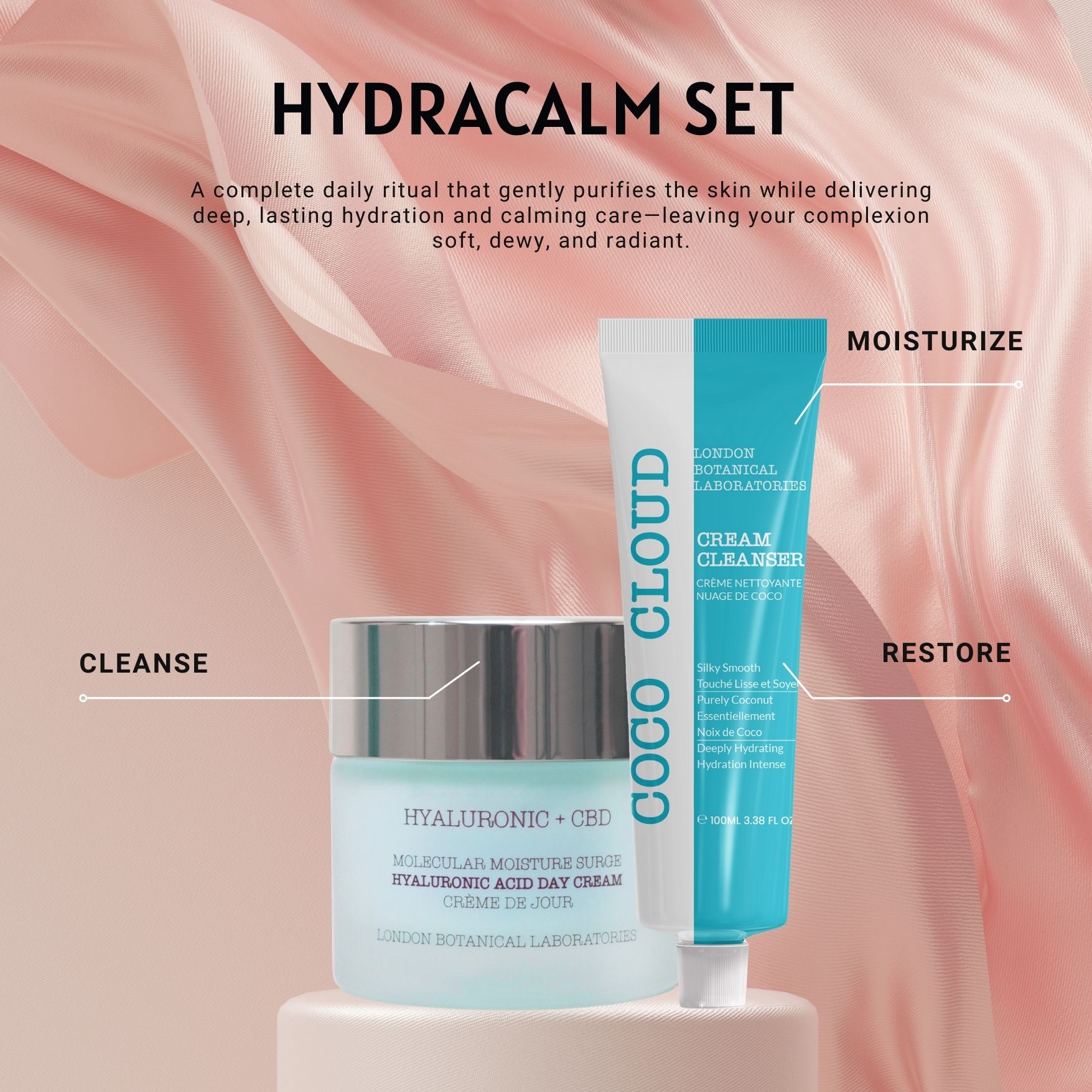 Crema giorno e detergente. Vasetto di crema con coperchio argentato. Tubo blu e bianco. Testo: Coco Cloud, Hyaluronic + CBD.