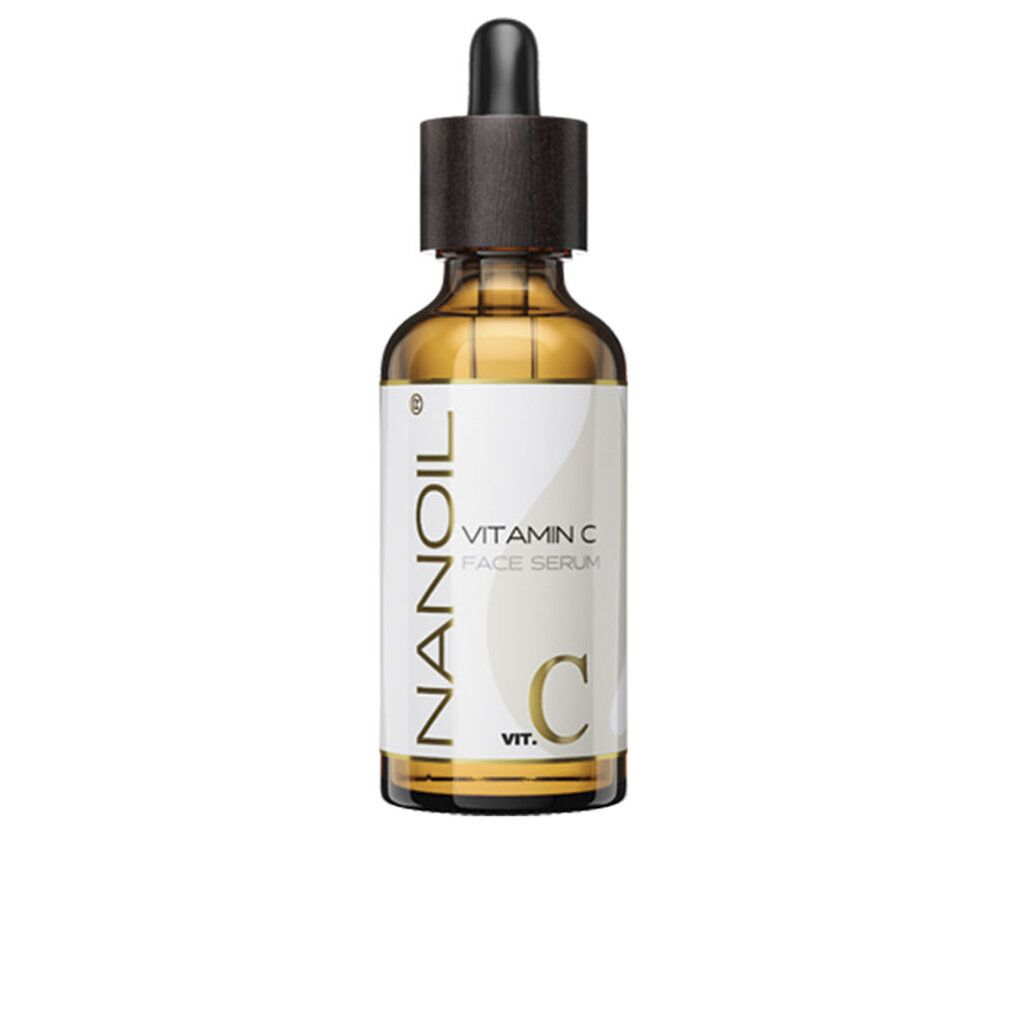 Flacone di vetro marrone con contagocce. Scritto: Nanoil Vitamin C Face Serum.