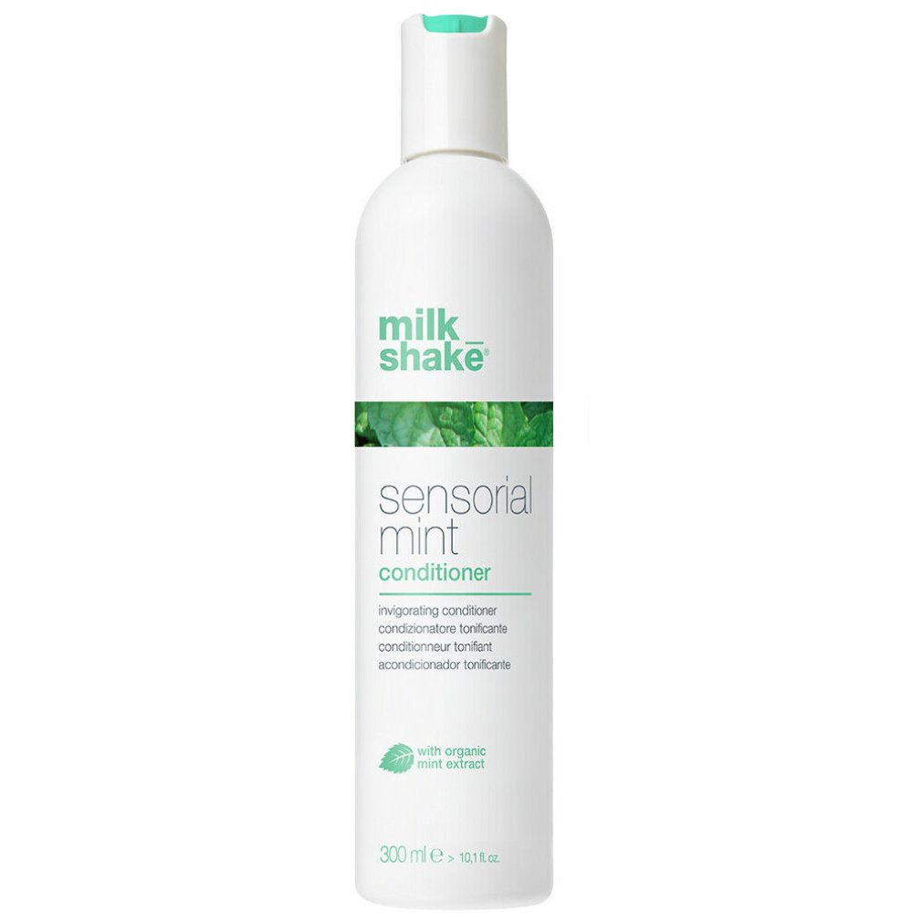 Flacone bianco con stampa verde. Scritta: milk_shake, sensorial mint conditioner. Contiene estratto di menta. Volume: 300 ml.