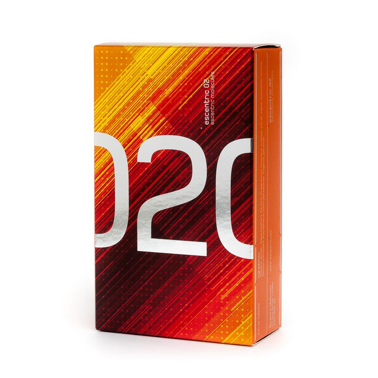 Confezione rettangolare con scritta 02. Sfumatura da arancione a rosso. Testo: Escentric 02.
