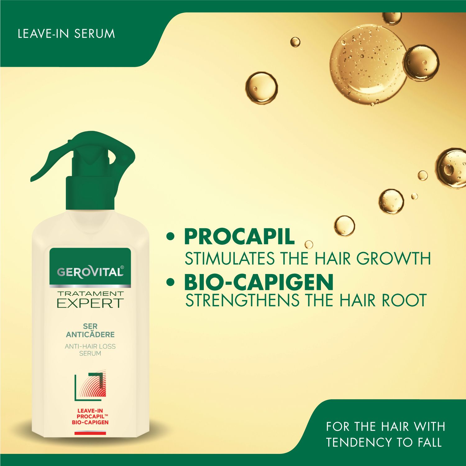 Flacone beige con erogatore verde. Scritta: Gerovital Tratament Expert, Siero Anticaduta, Anti-Hair Loss Serum. Testo: Procapi, Bio-Capigen.