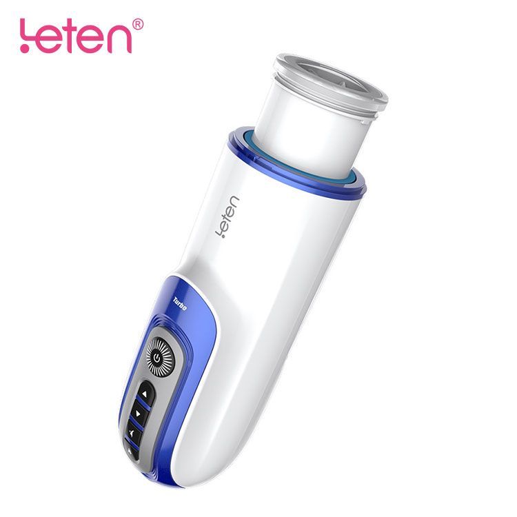 Dispositivo bianco e blu con pannello di controllo. Marchio: leten. Parte superiore angolata. Pannello con pulsanti e accensione/spegnimento.