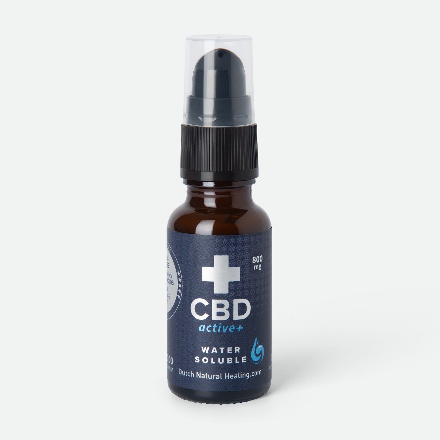 Flacone di vetro marrone con dosatore nero. Scritta: CBDactive+ Water Soluble. Logo croce bianca.