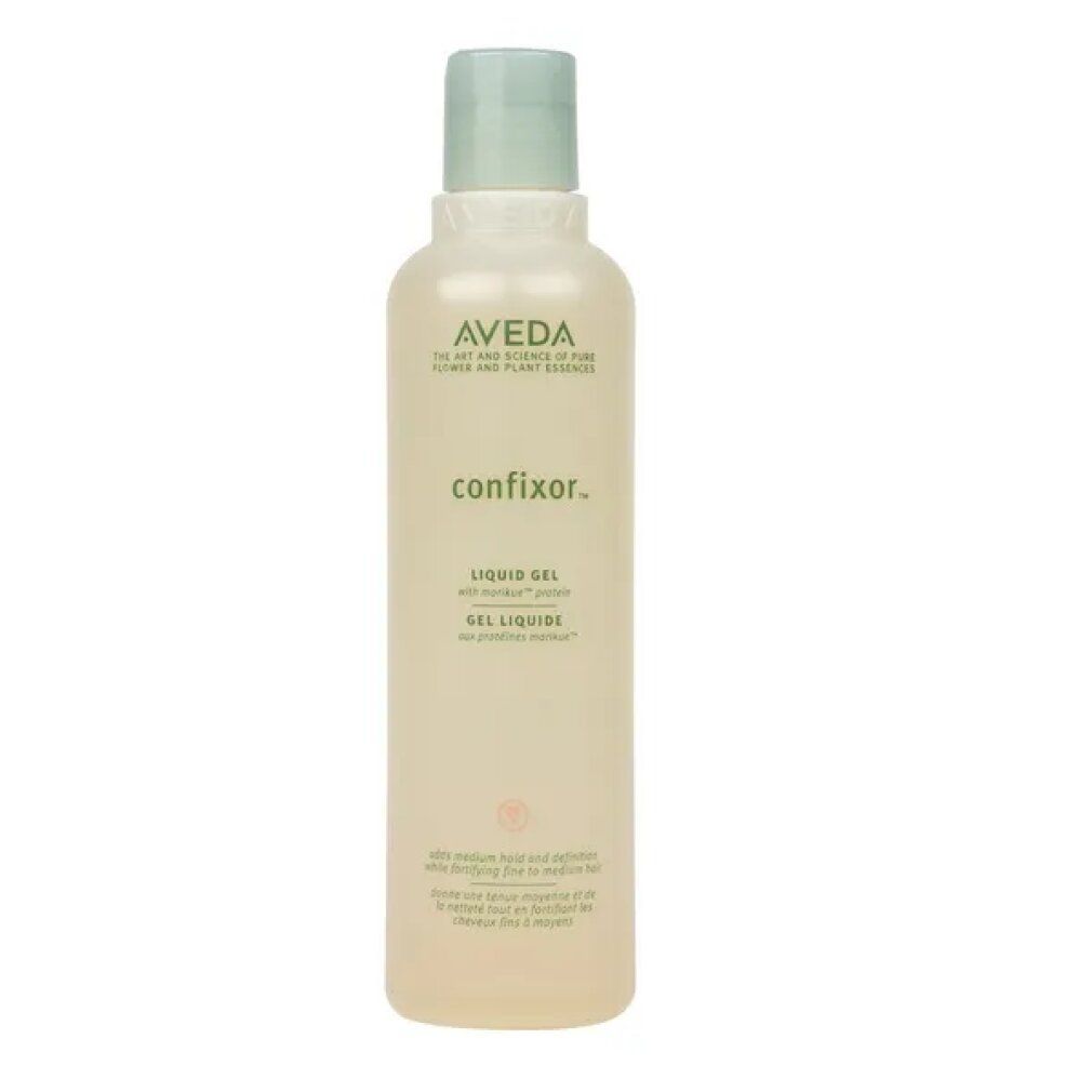 Flacone Aveda Confixor Gel Liquido. Liquido beige, tappo verde chiaro. Scritte: Confixor, Liquid Gel, Gel Liquide.