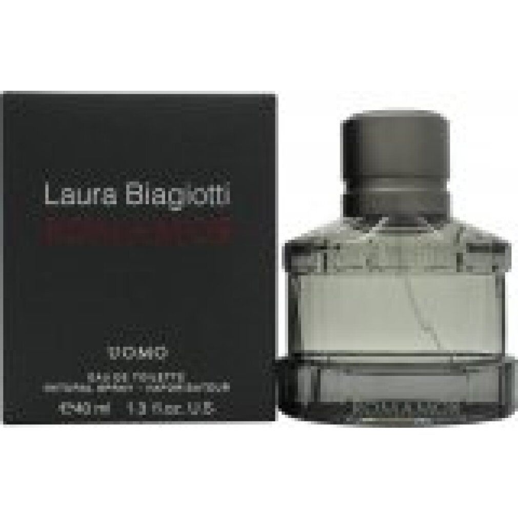 Flacone e confezione. Confezione nera con scritta Laura Biagiotti ROMAMOR Uomo. Flacone accanto.