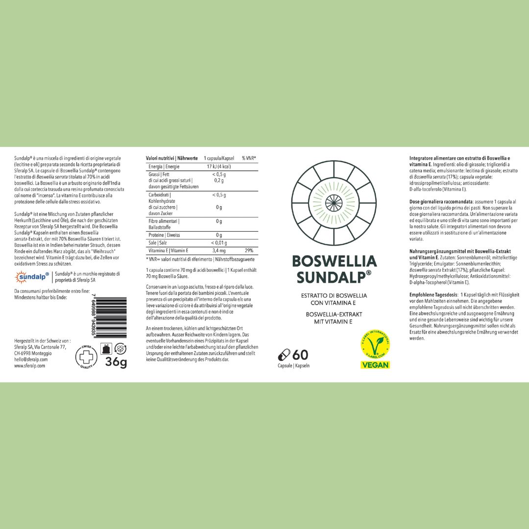 Etichetta del prodotto con informazioni su Boswellia Sundalp. Contiene informazioni nutrizionali e ingredienti.