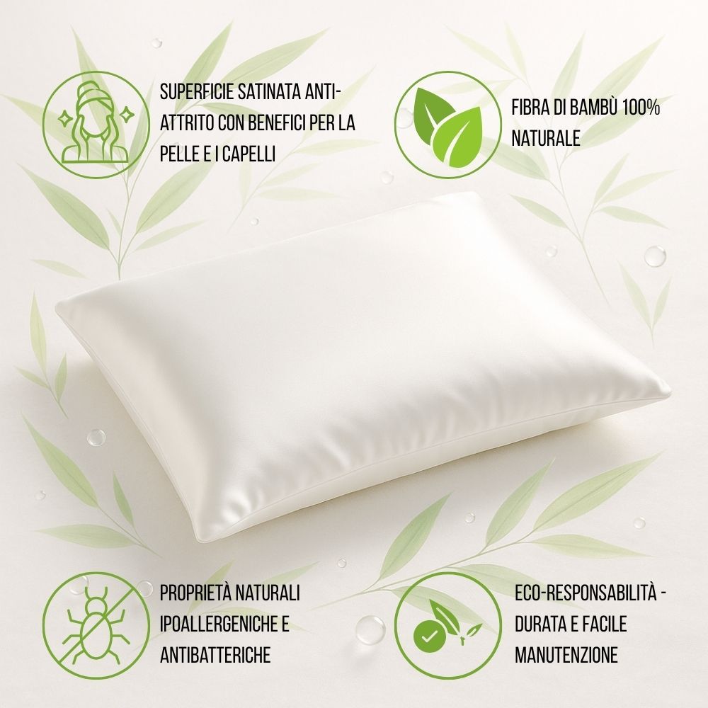 Cuscino bianco con testo. Testo: Superficie satinata anti-attrito, fibra di bambù 100% naturale.