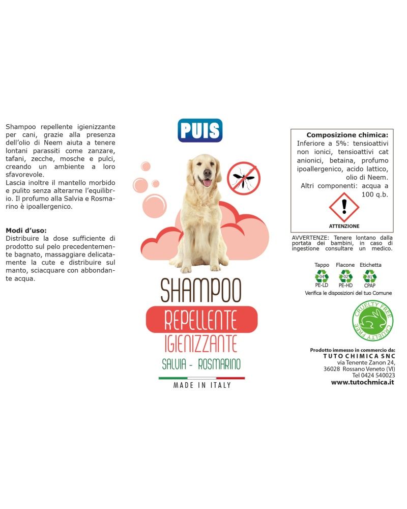 Puis Shampoo cani repellente igienizzante Salvia e Rosmarino ipoallergenico