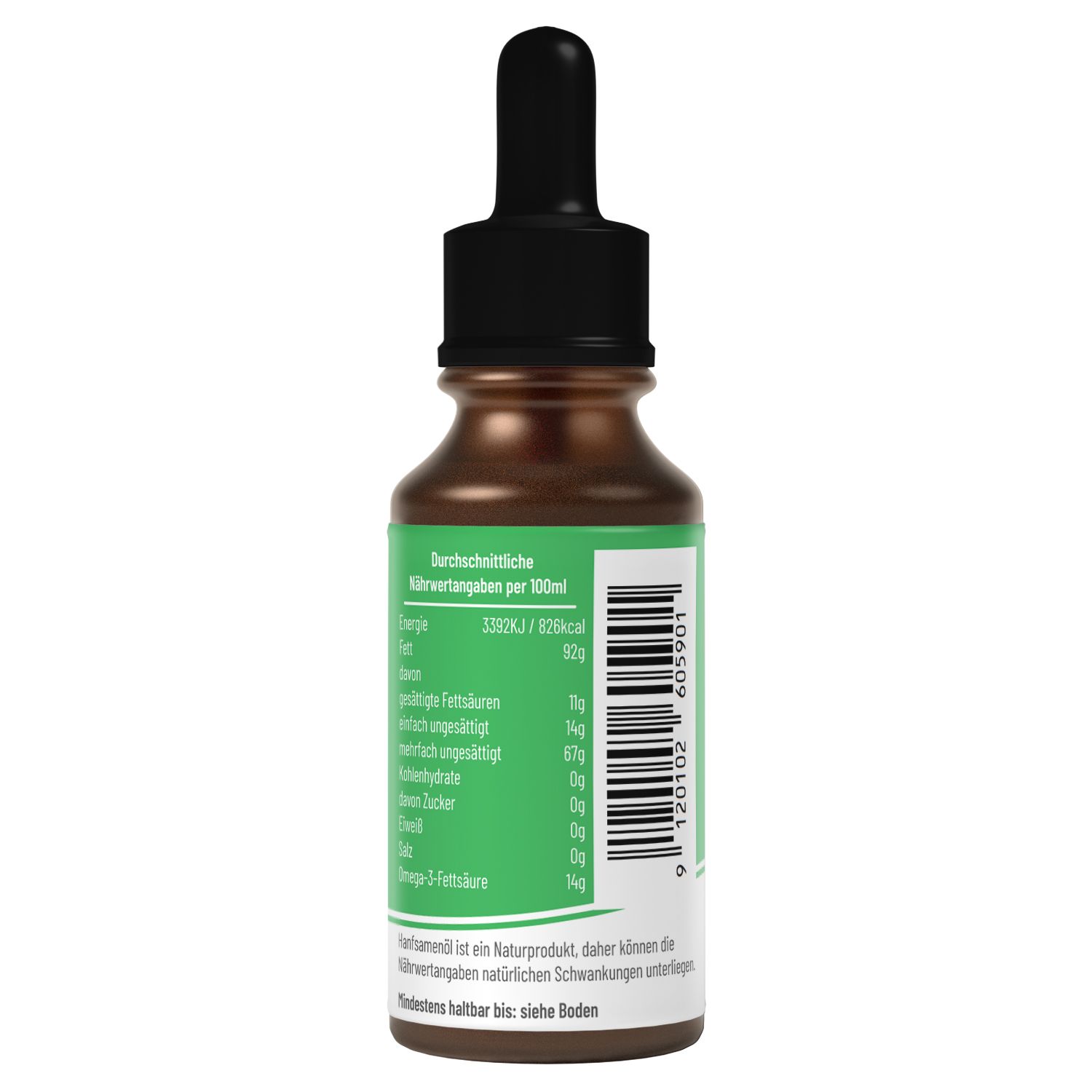 Flacone marrone con testo verde. Retro con informazioni nutrizionali e codice a barre. Sfondo bianco.