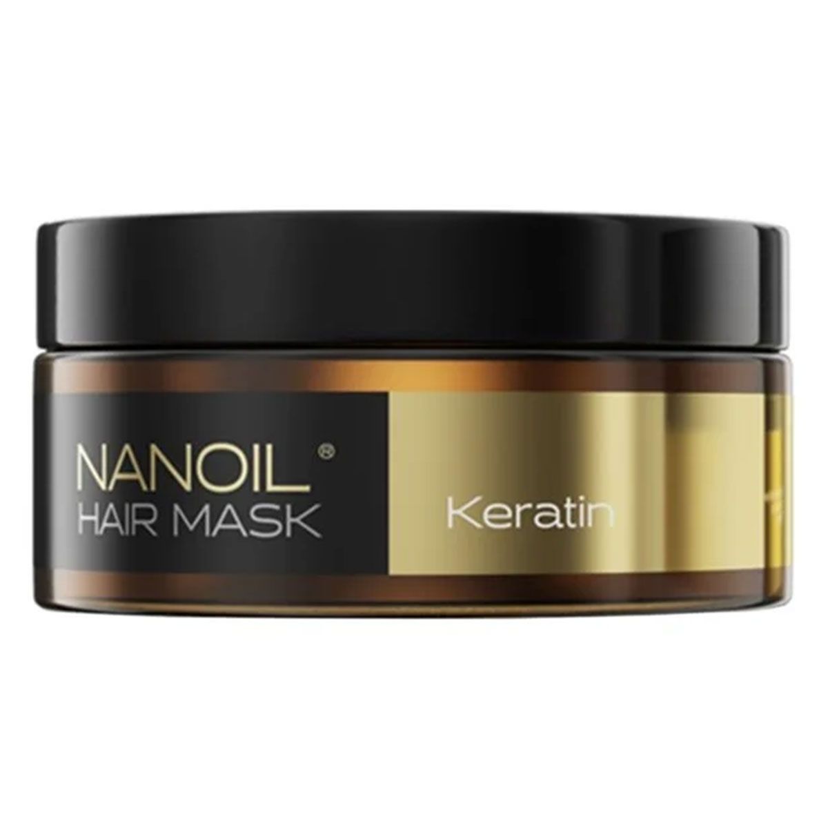 Maschera per capelli Nanoil alla cheratina in un barattolo marrone con coperchio nero.