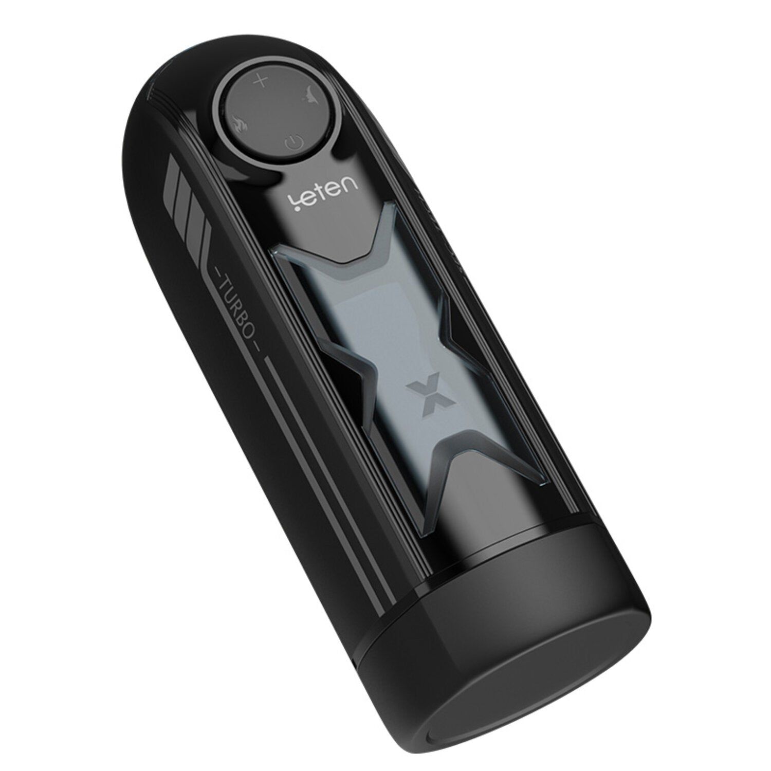Dispositivo nero allungato con pannello di controllo e logo. Strisce verticali e design a X. Testo: -TURBO-.