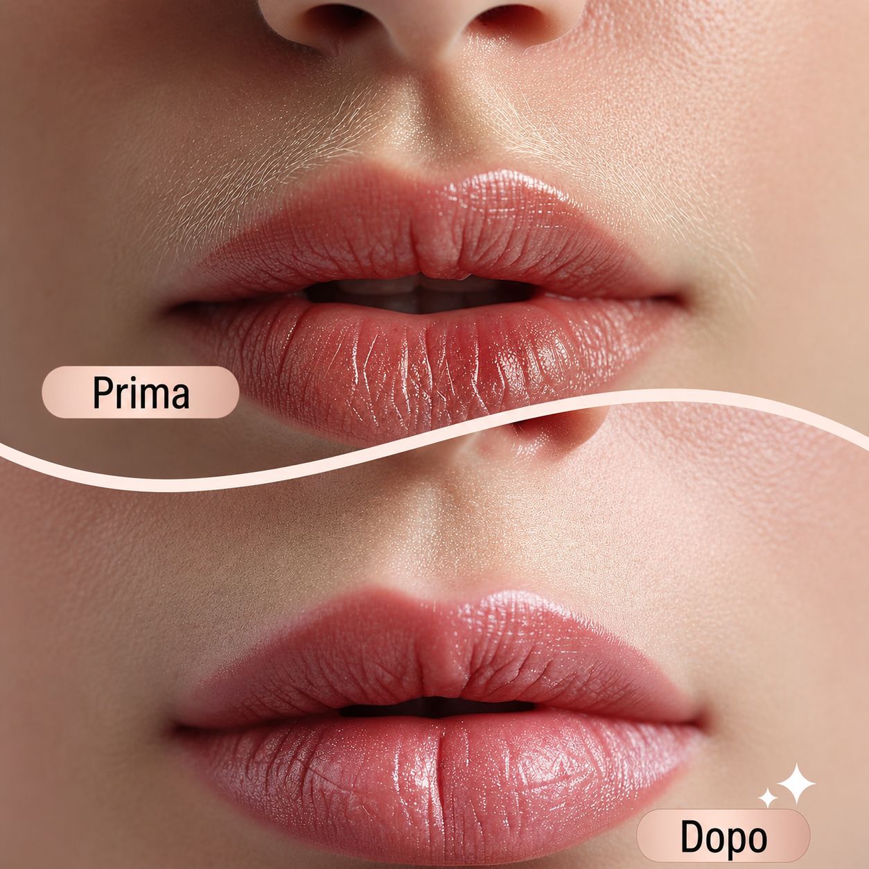 Confronto prima-dopo delle labbra. Parte superiore: Prima. Parte inferiore: Dopo. Le labbra appaiono più lisce e piene.