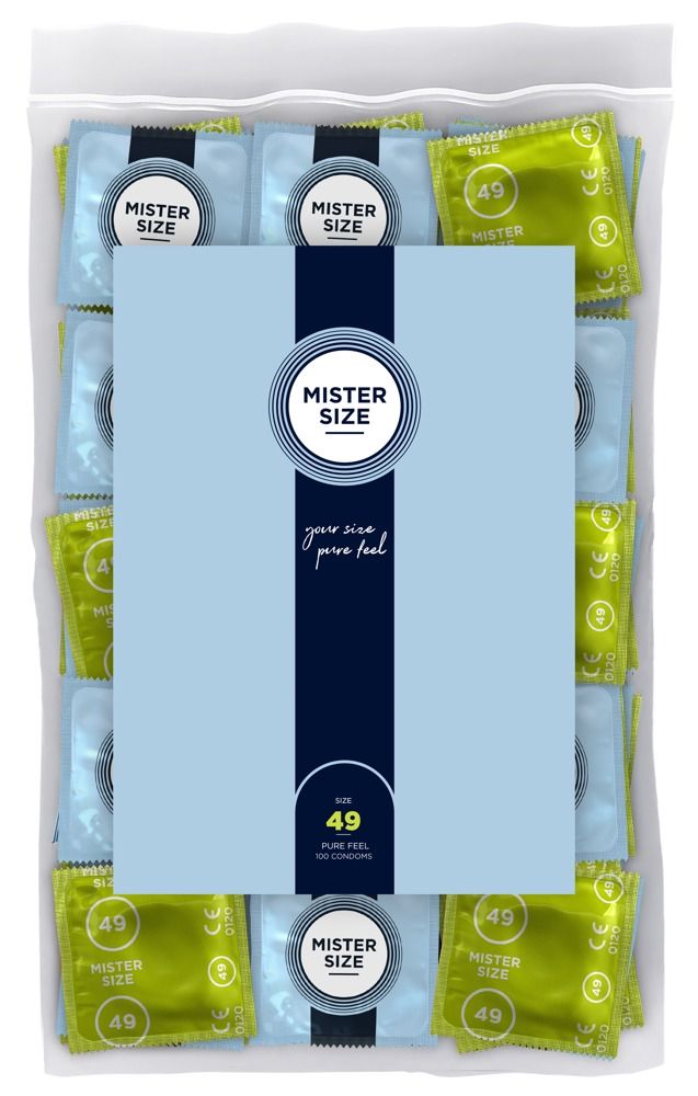 Confezione da 100 preservativi Mister Size 49, confezionati singolarmente in fogli dorati e blu.