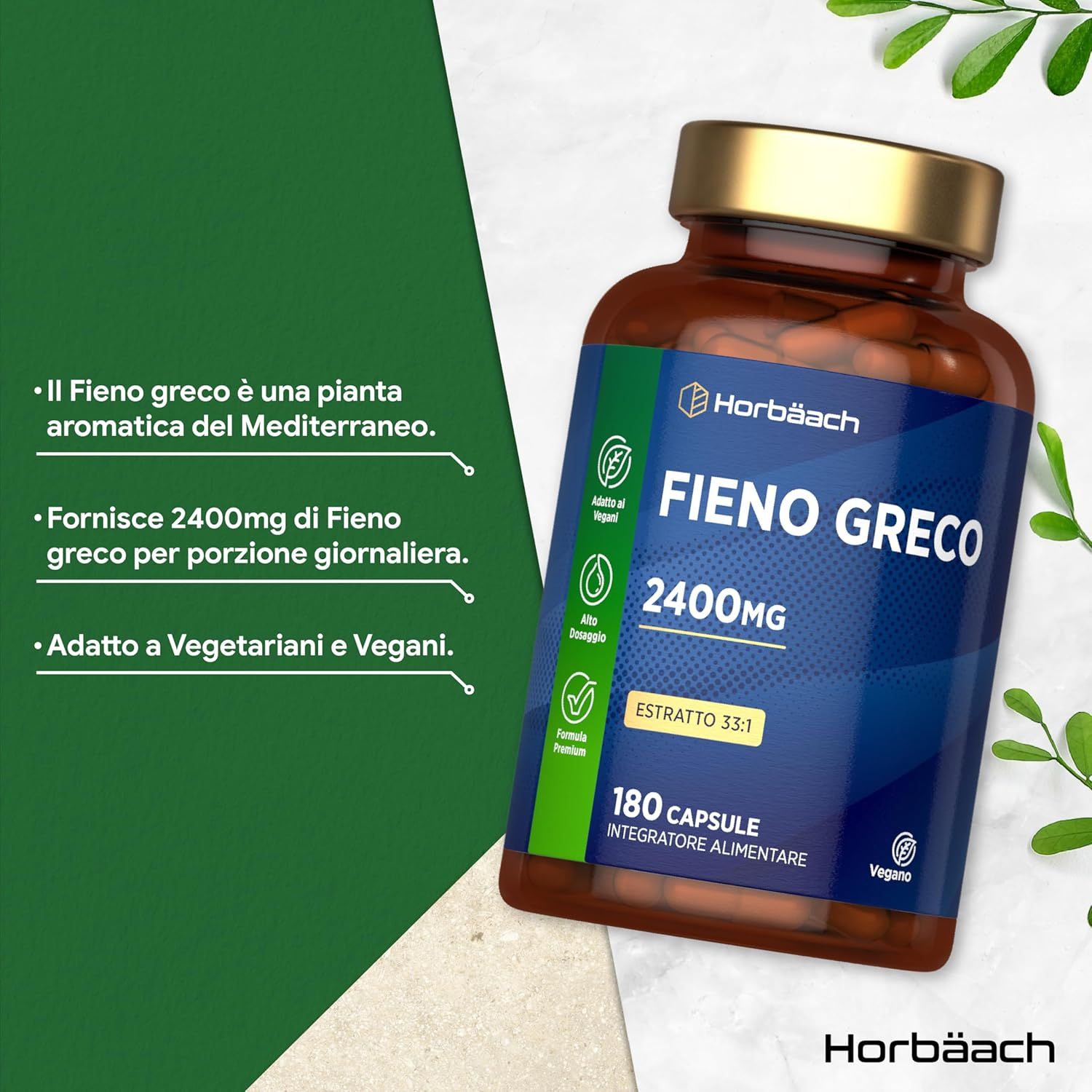 Flacone marrone con etichetta blu. Fieno Greco 2400mg, 180 capsule. Vegano. Testo: Il fieno greco è una pianta mediterranea.