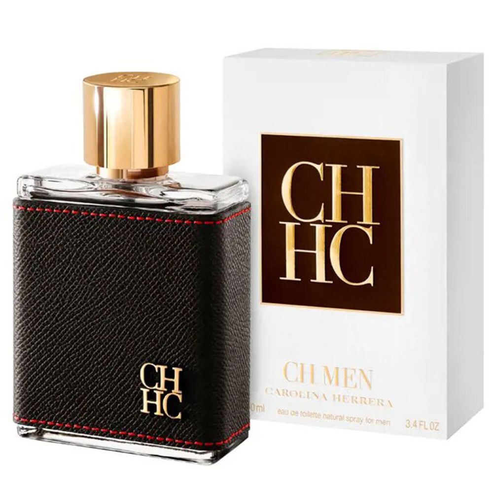 Flacone con confezione. Similpelle nera, cuciture rosse, tappo dorato. Logo CH HC. Scritta CH MEN.