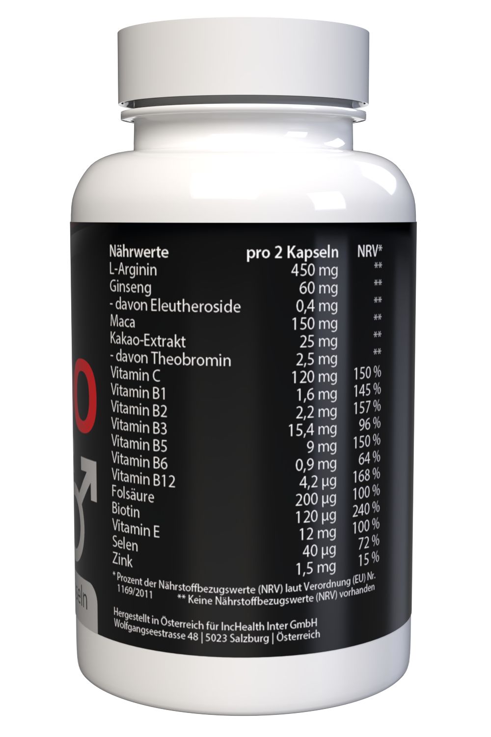 Retro di un flacone di capsule bianco. Sfondo nero con testo. Tabella nutrizionale con ingredienti per 2 capsule.