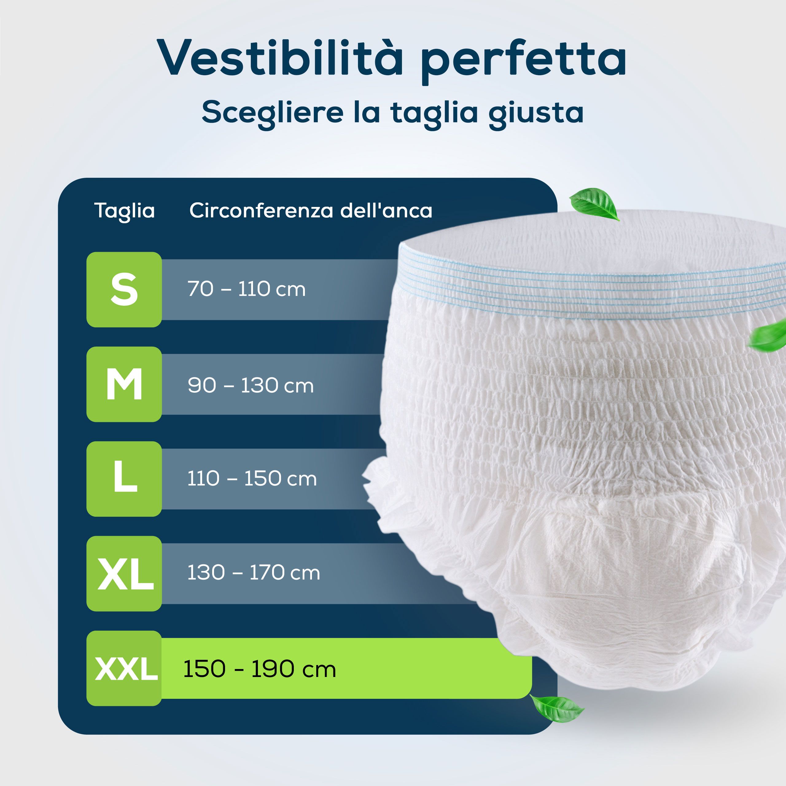 Tabella taglie per pannolini per incontinenza. Taglie: S, M, L, XL, XXL. Circonferenza fianchi in cm.