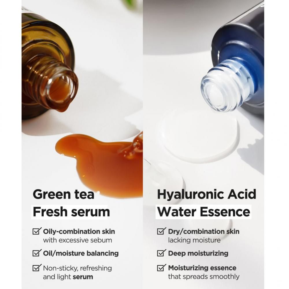 Confronto di due sieri. Sinistra: Green Tea Fresh Serum. Destra: Hyaluronic Acid Water Essence. ISNTREE.