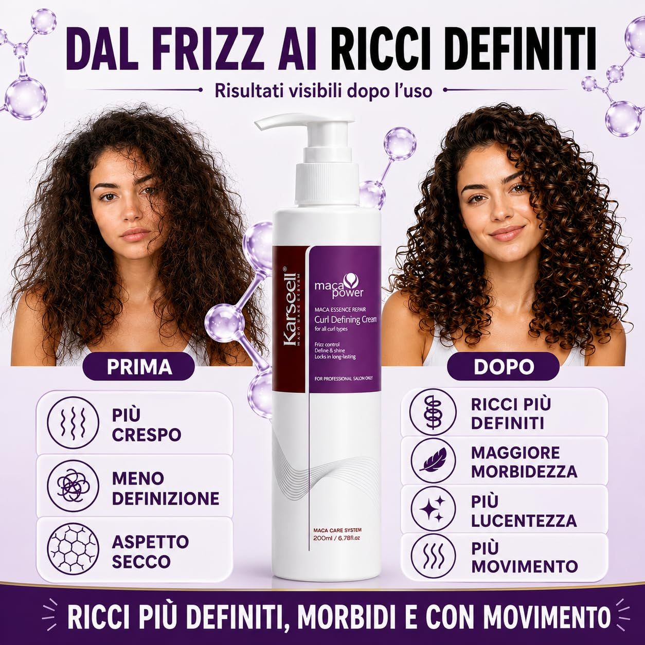 Flacone con erogatore a pompa per crema per ricci, con immagini prima e dopo di capelli ricci.