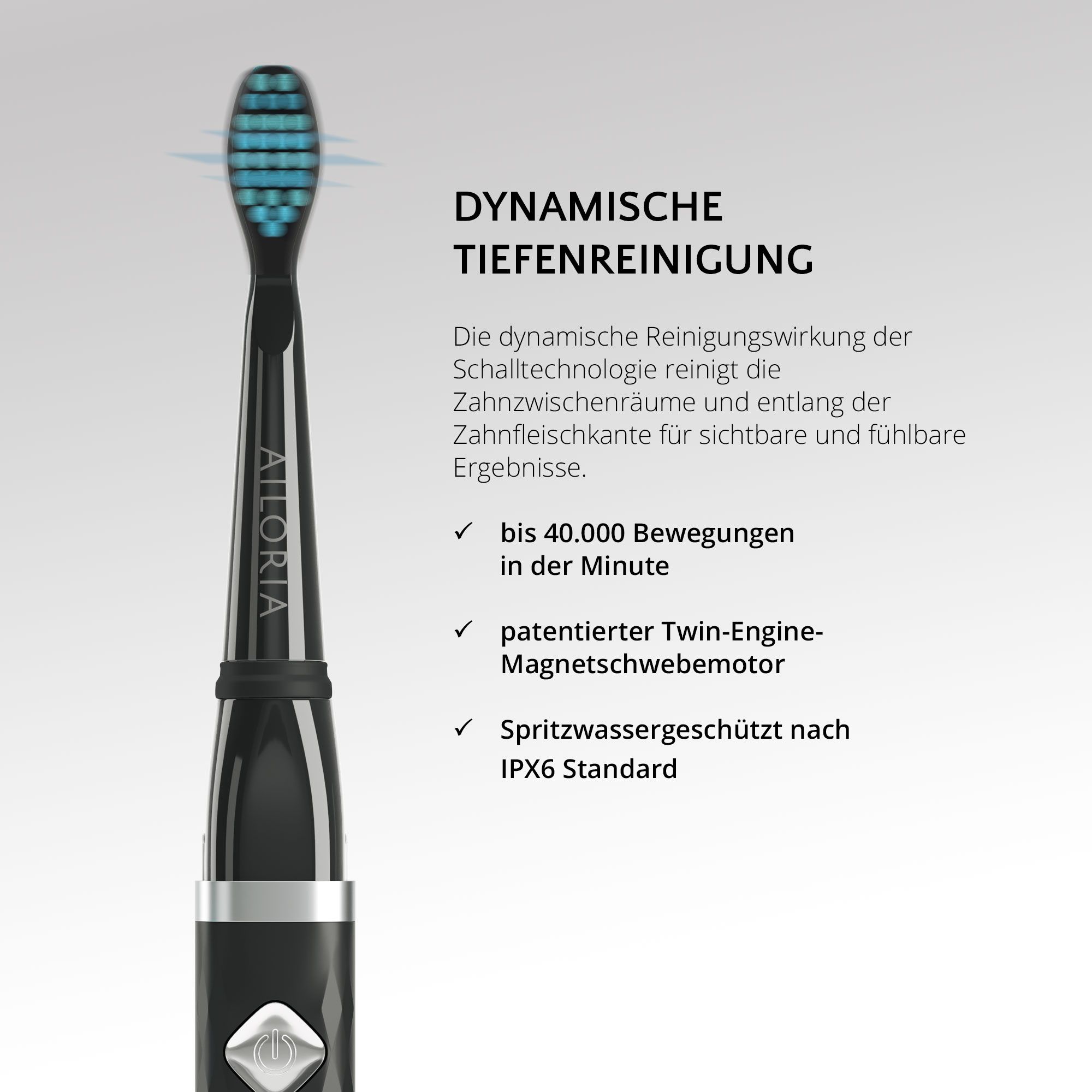Spazzolino nero con setole blu. Pulizia profonda dinamica. Fino a 40.000 movimenti/minuto. Standard IPX6.