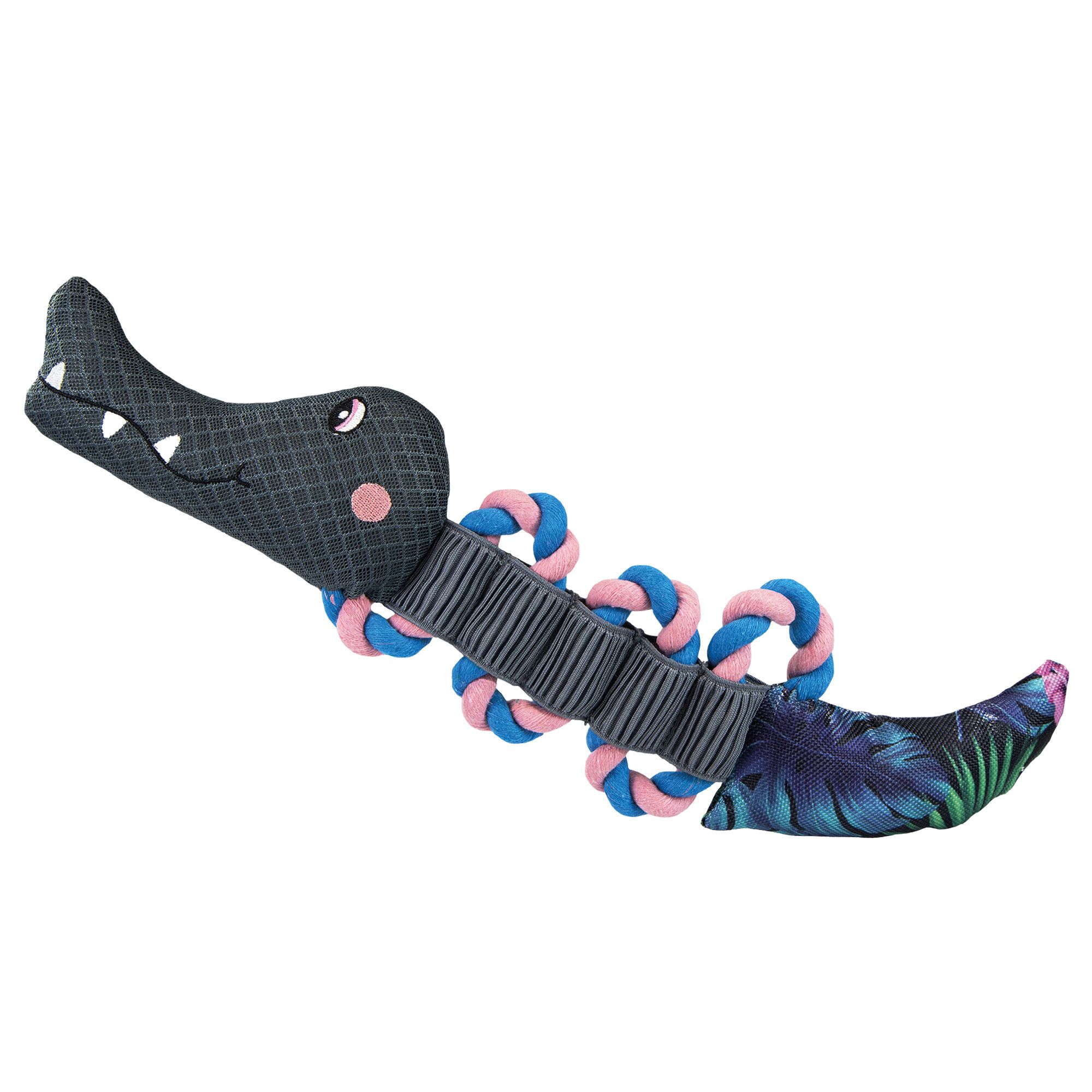 Giocattolo a forma di coccodrillo grigio con corde blu e rosa. La coda presenta un motivo tropicale. Il giocattolo ha un design a coccodrillo.