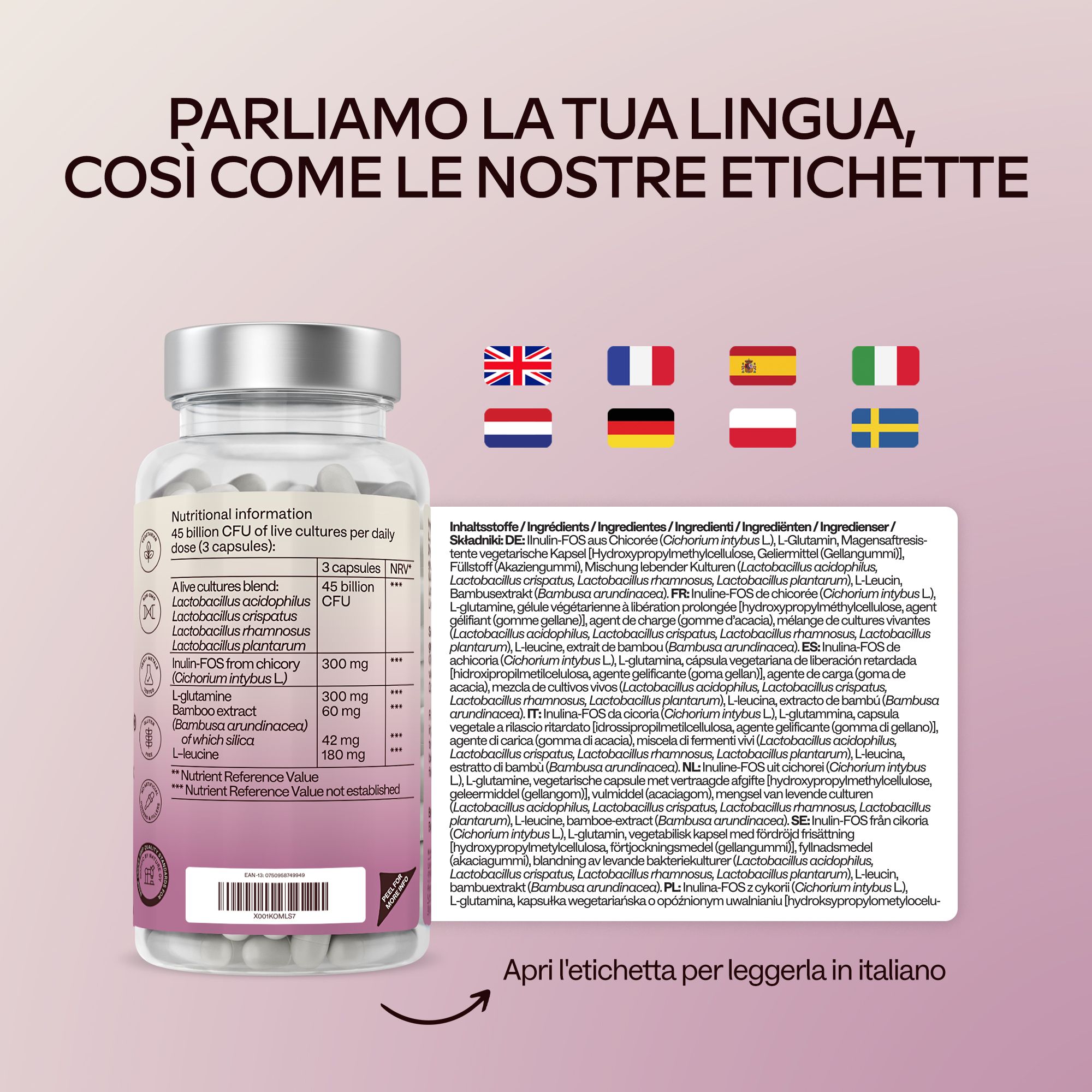 Flacone con capsule e testo. Informazioni in diverse lingue. Ingredienti.