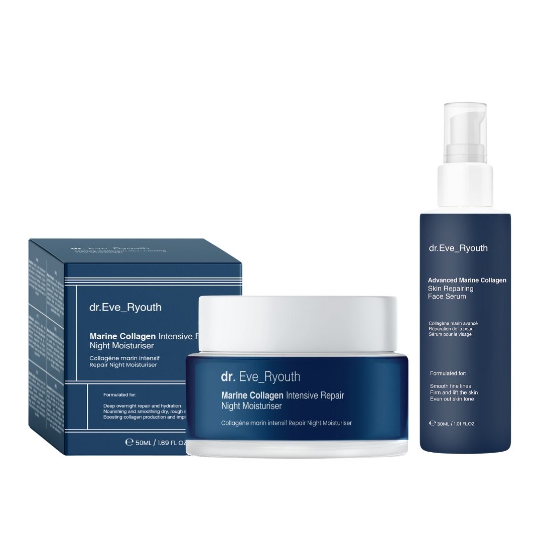 Tre prodotti: crema notte, siero e scatola. Confezione blu con testo bianco. Visibili "dr.Eve_Ryouth" e "Marine Collagen".