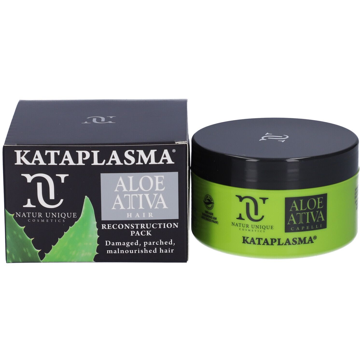 Confezione del prodotto con vaso verde e scatola nera. Scritta: Kataplasma, Aloe Attiva Hair, Reconstruction Pack.