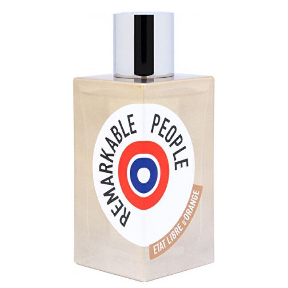 Flacone trasparente con tappo argentato. Adesivo: REMARKABLE PEOPLE, ETAT LIBRE D'ORANGE. Design a bersaglio.
