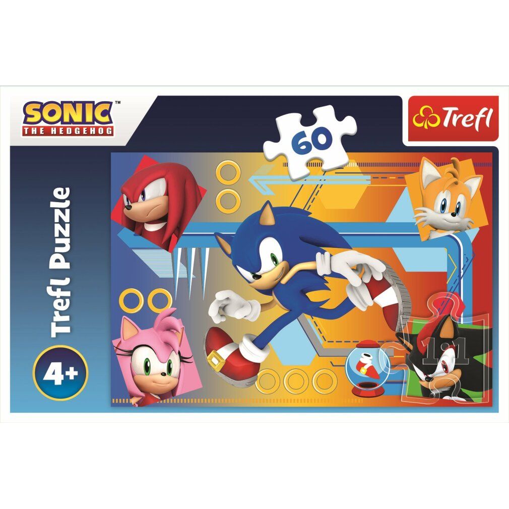 Puzzle Trefl, 60 pezzi, Sonic. Immagine di Sonic e amici. Logo Sonic the Hedgehog. Età consigliata: 4+. Marchio Trefl.