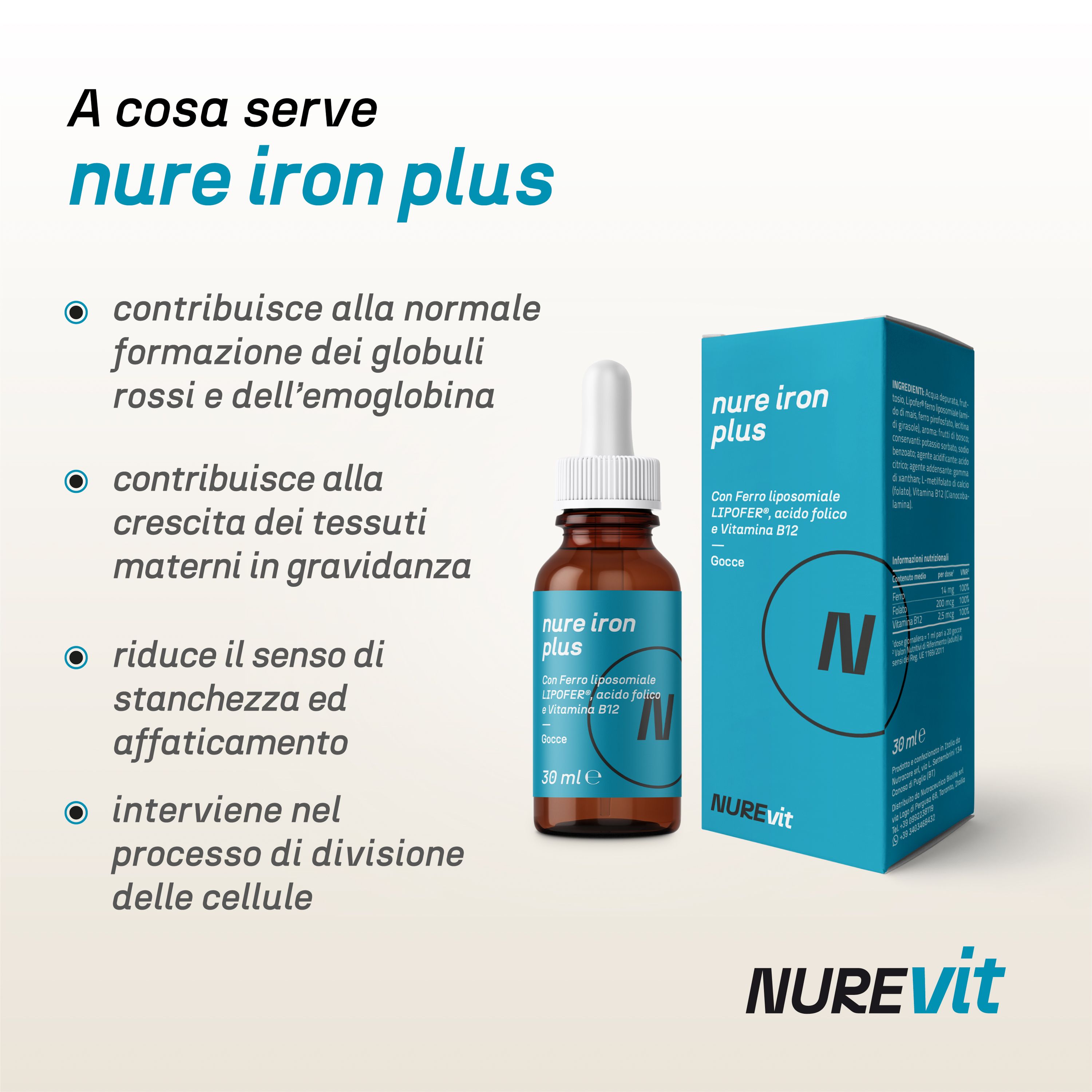 NURE Iron Plus Gocce Orali 30 ml | Integratore ferro, gocce per anemia e stanchezza