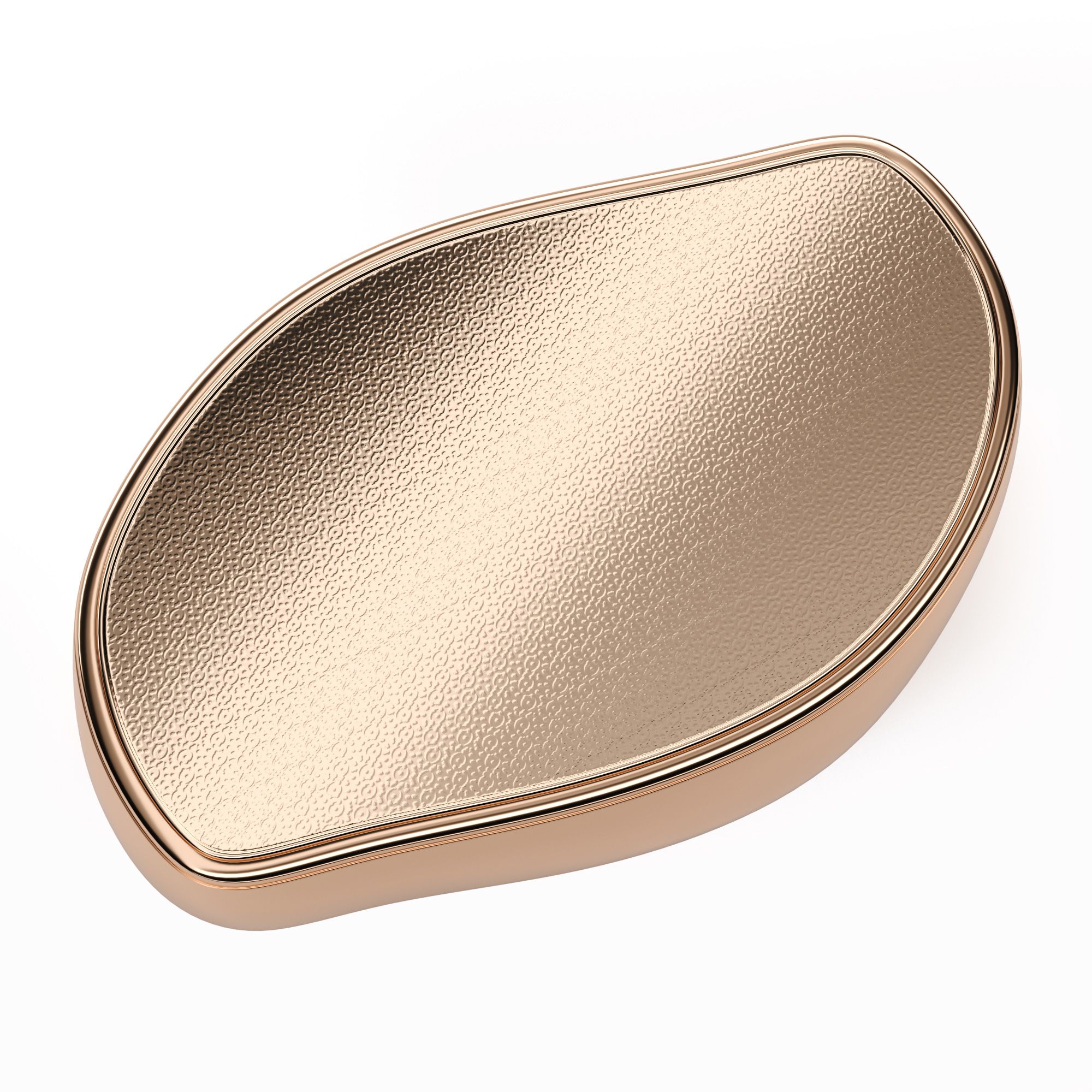 Dispositivo ovale dorato con superficie strutturata e bordo dorato.