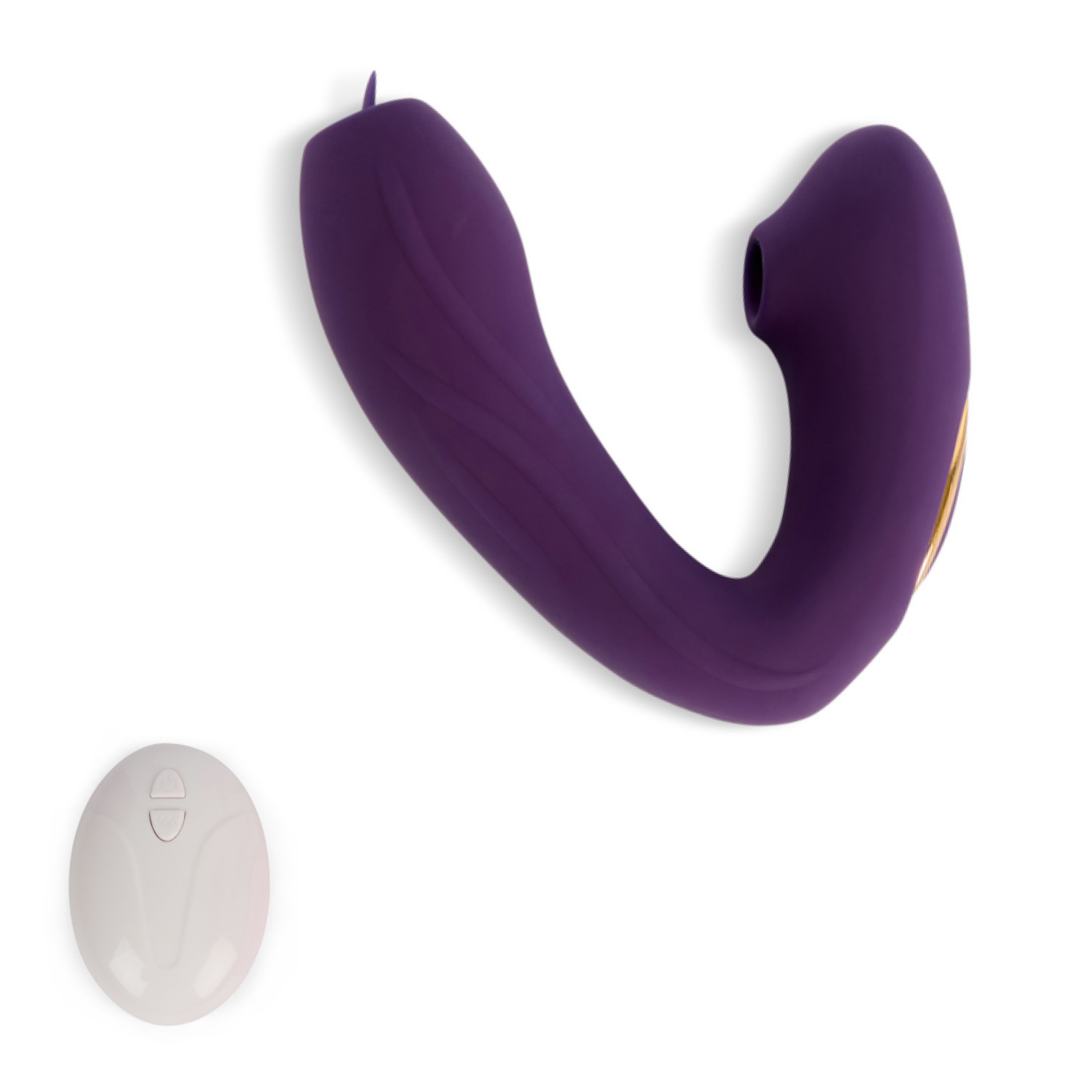 Prodotto viola curvo con aperture. Include telecomando bianco.