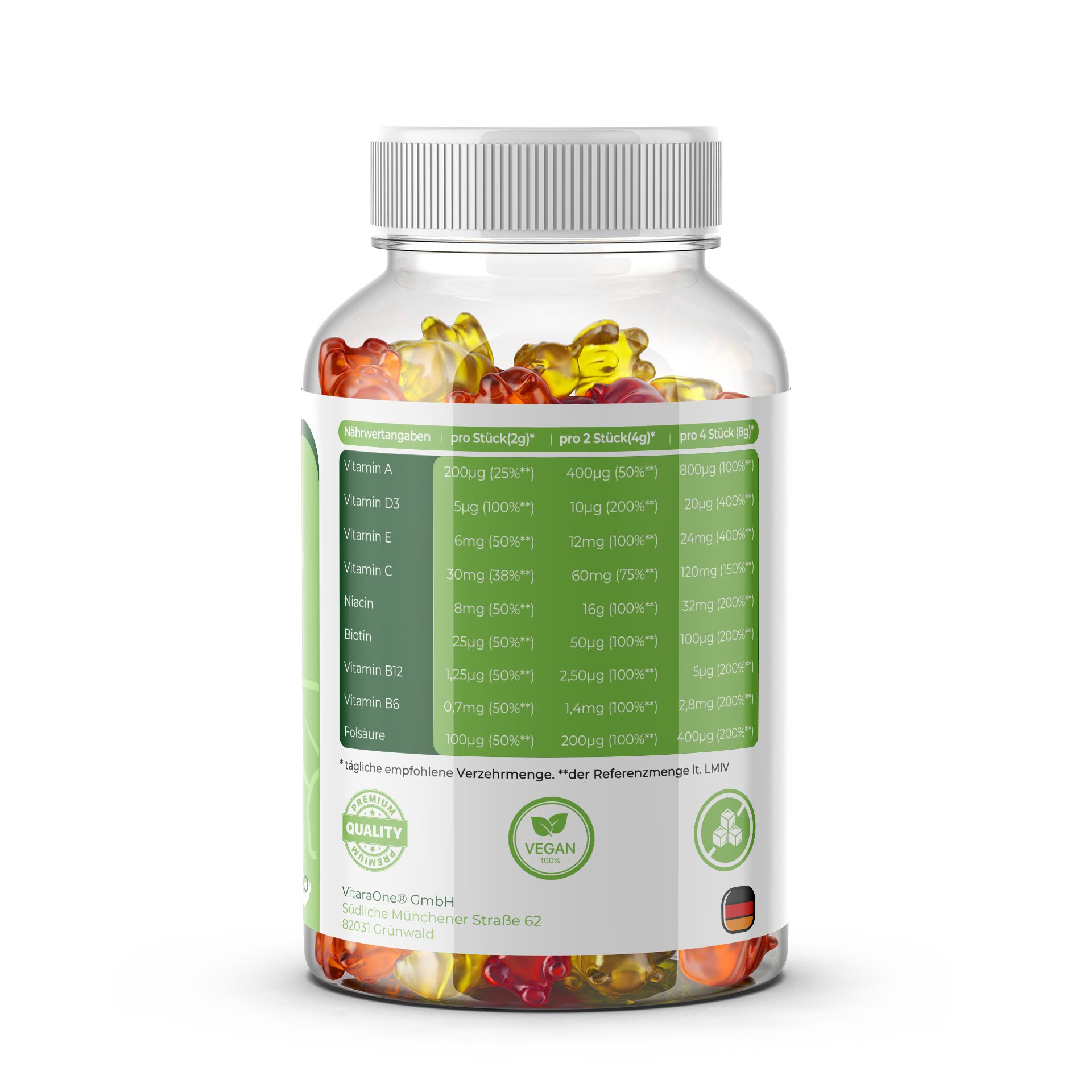 Retro del flacone VitaraOne® Multi-Vitamin Gommose. Tabella nutrizionale con informazioni sulle vitamine. Sigillo vegano.