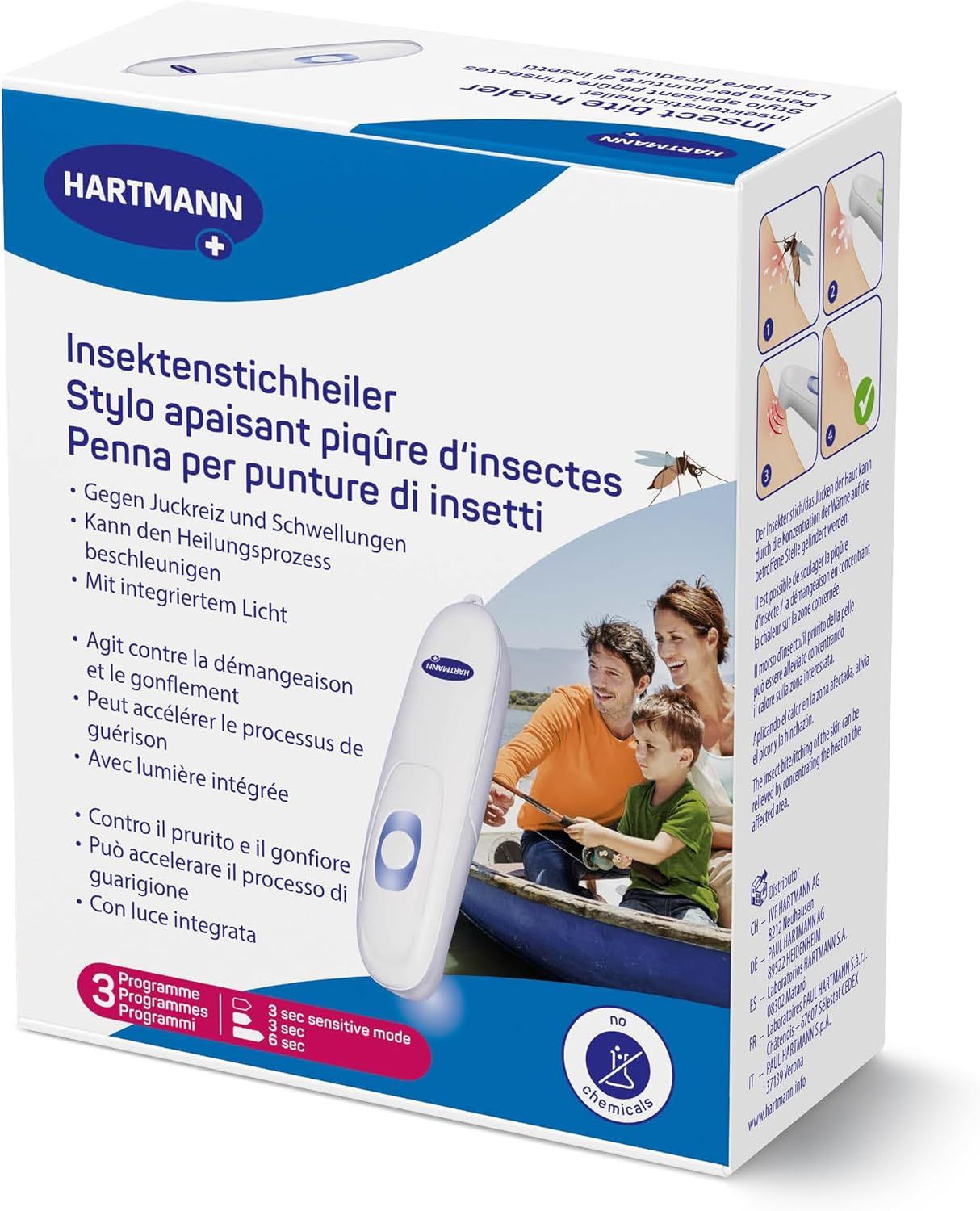 Confezione con immagine e testo del prodotto. Dispositivo bianco a forma di penna con pulsante blu.