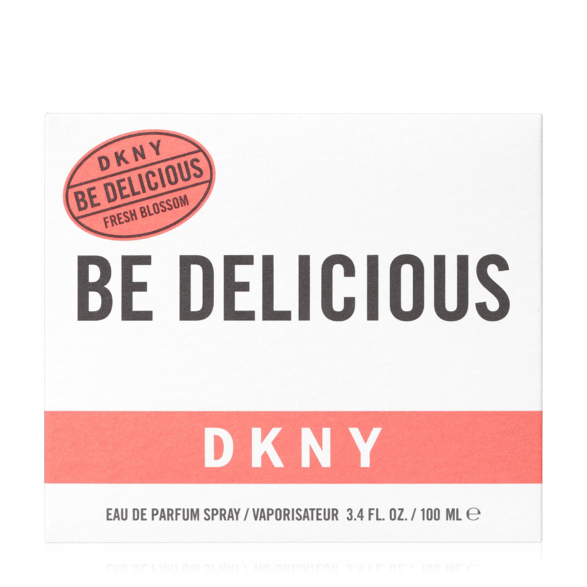 Confezione bianca con scritta: DKNY Be Delicious Fresh Blossom. Striscia rossa e logo.