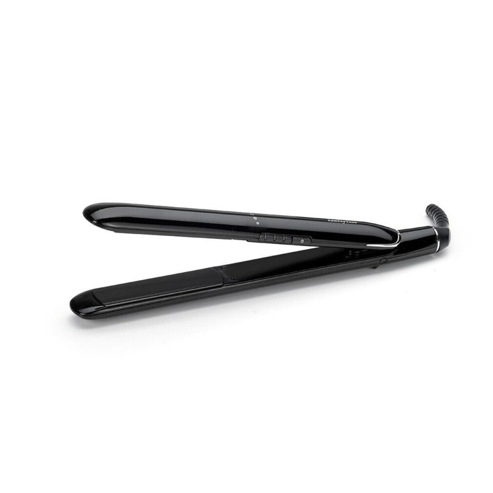 Piastra per capelli nera, aperta. L'apparecchio ha una forma sottile.