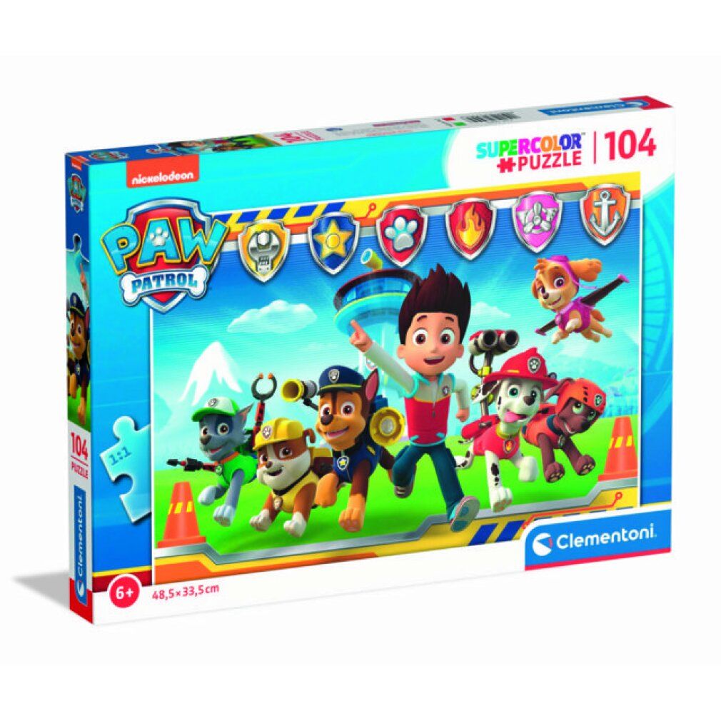 Scatola puzzle Paw Patrol. Contiene 104 pezzi. I personaggi di Paw Patrol sono raffigurati sulla scatola. Marchio: Clementoni.