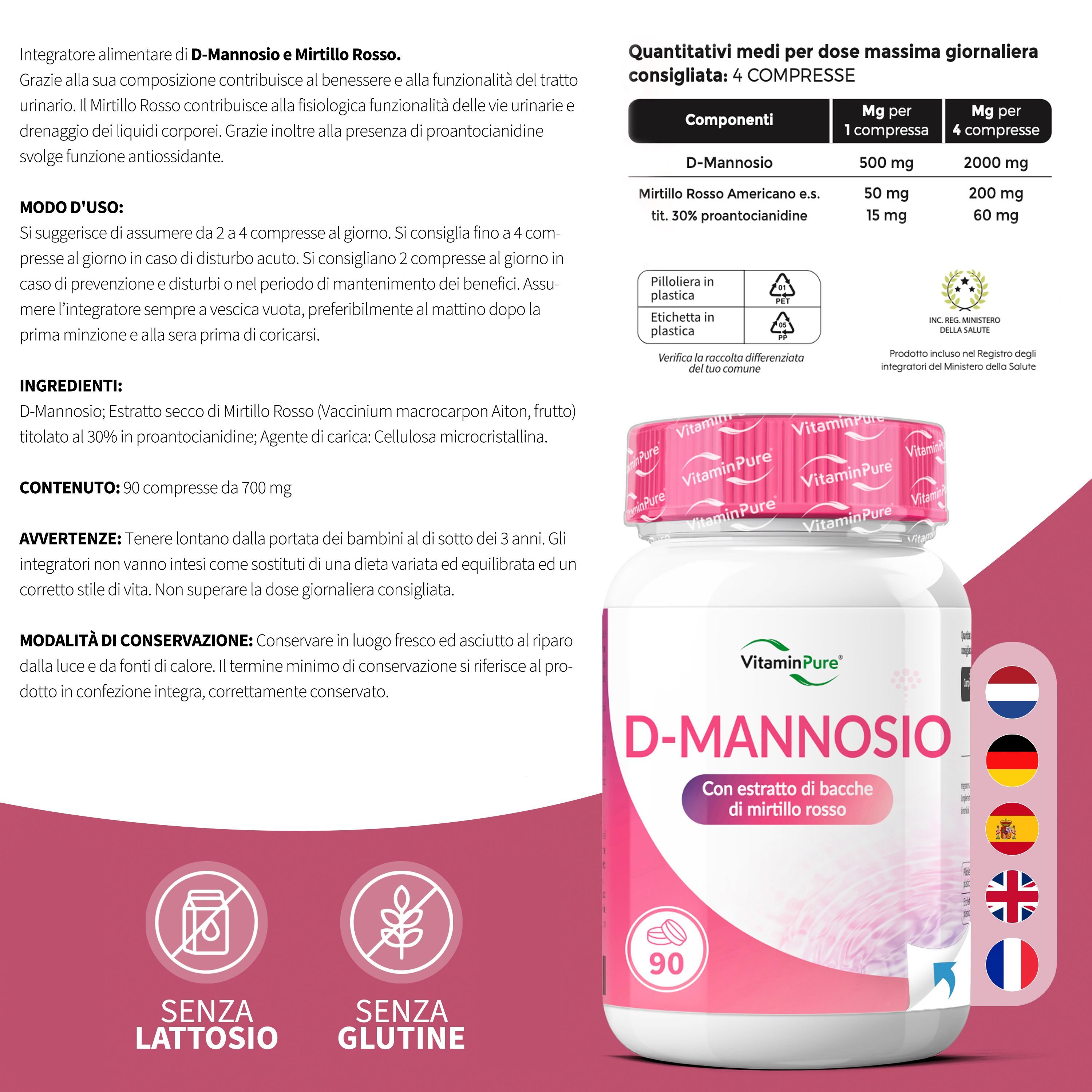 Flacone bianco D-Mannosio con etichetta rosa. Testo: 90 compresse. Ingredienti, istruzioni per l'uso. Certificazioni. Senza lattosio, senza glutine. Con estratto di bacche.