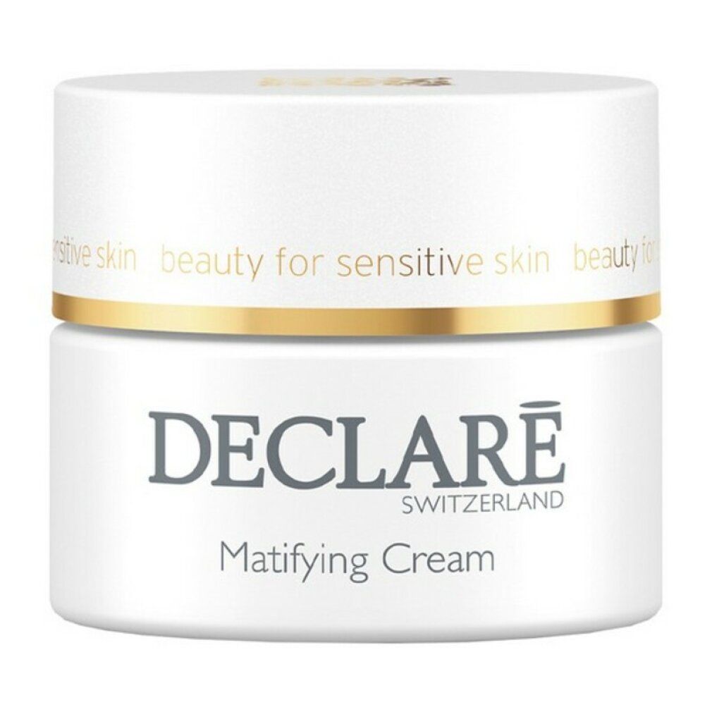 Vasetto bianco con anello dorato. Scritta: DECLARÉ SWITZERLAND, Matifying Cream. Testo: beauty for sensitive skin.