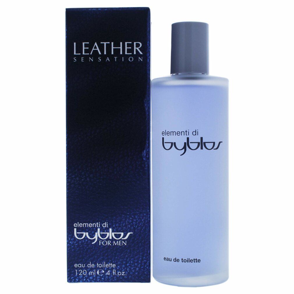 Flacone blu con tappo grigio chiaro e confezione blu. Scritta: Leather Sensation, elementi di byblos, Eau de toilette.