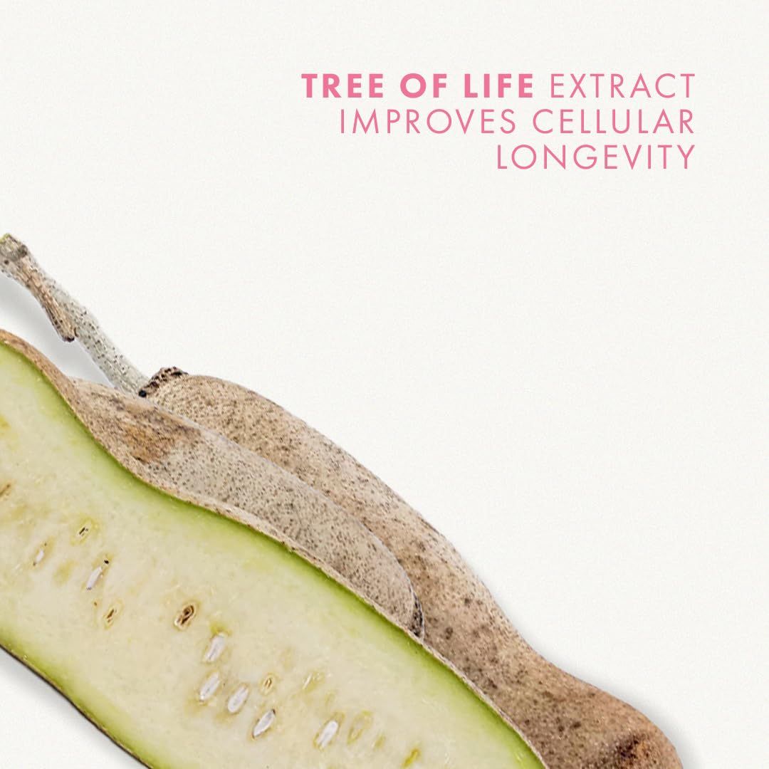 Primo piano di parte di un frutto. Testo: TREE OF LIFE EXTRACT IMPROVES CELLULAR LONGEVITY.