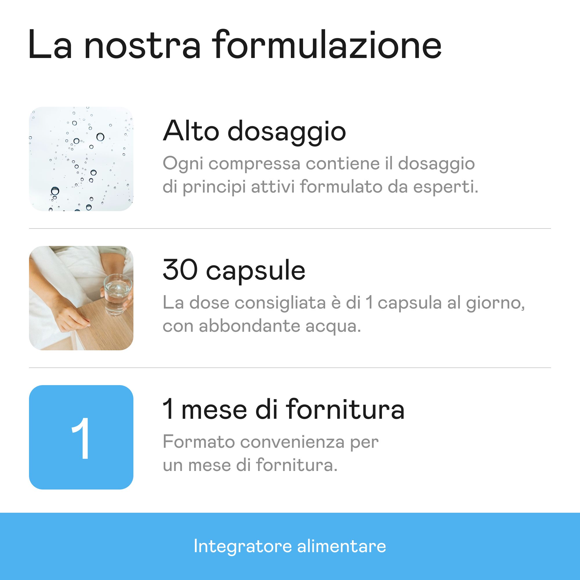 Grafico con testo: Alto dosaggio, 30 capsule, 1 mese di fornitura. Integratore alimentare.