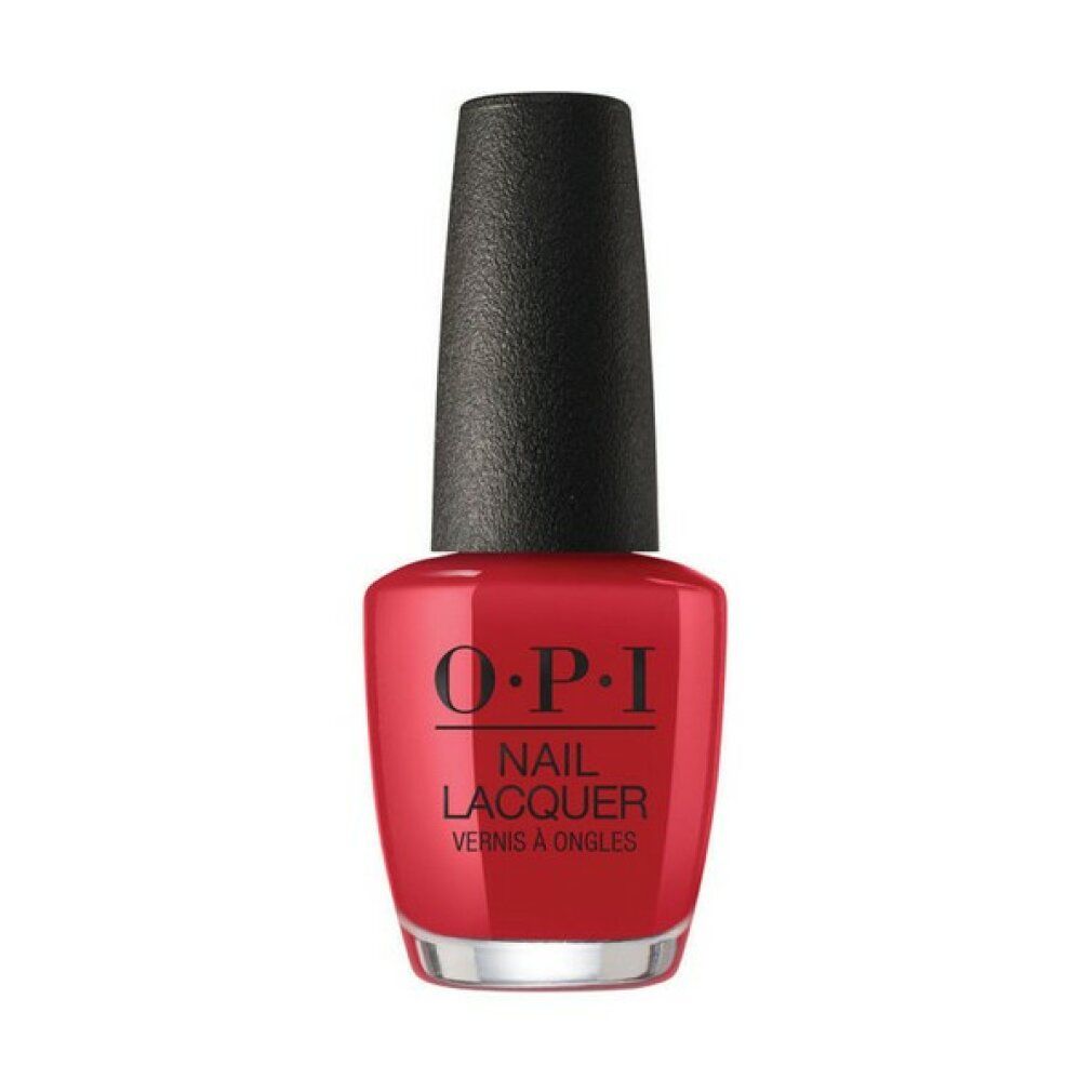 Smalto per unghie OPI rosso. Tappo nero. Scritta: Nail Lacquer, Vernis à Ongles.