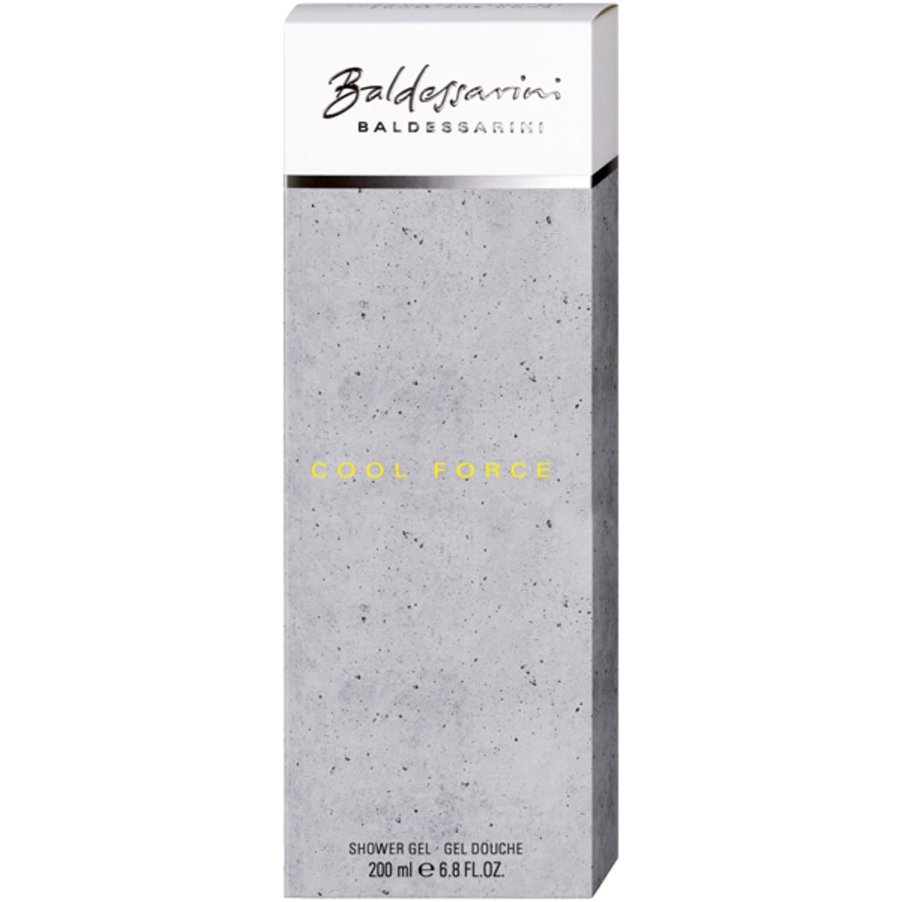 Scatola alta e rettangolare. Scritta: Baldessarini, Cool Force, gel doccia. Logo e nome del prodotto.