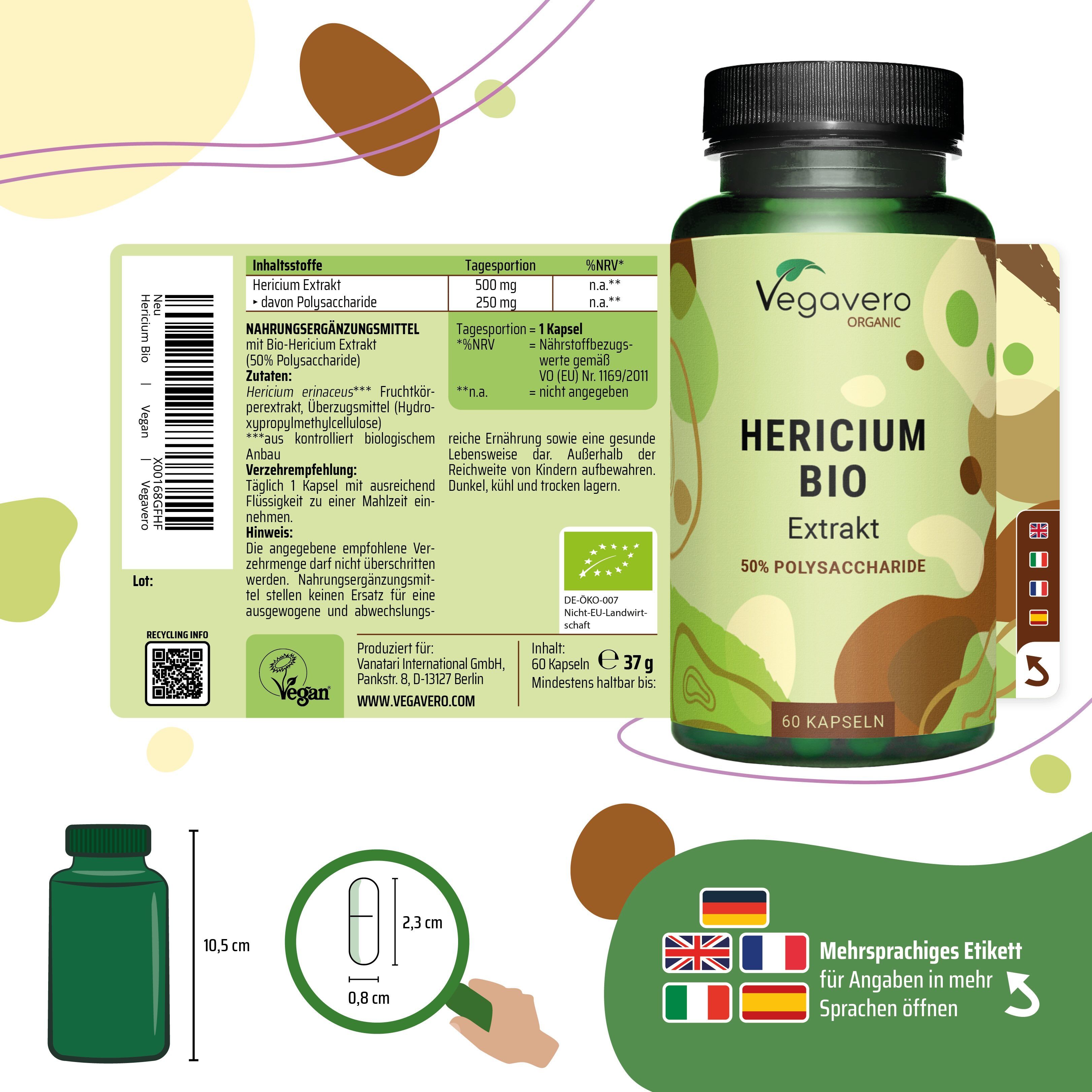 Flacone verde con tappo nero ed etichetta. Scritta: Hericium BIO Estratto, 50% polisaccaridi. 60 capsule. Con informazioni sull'etichetta.